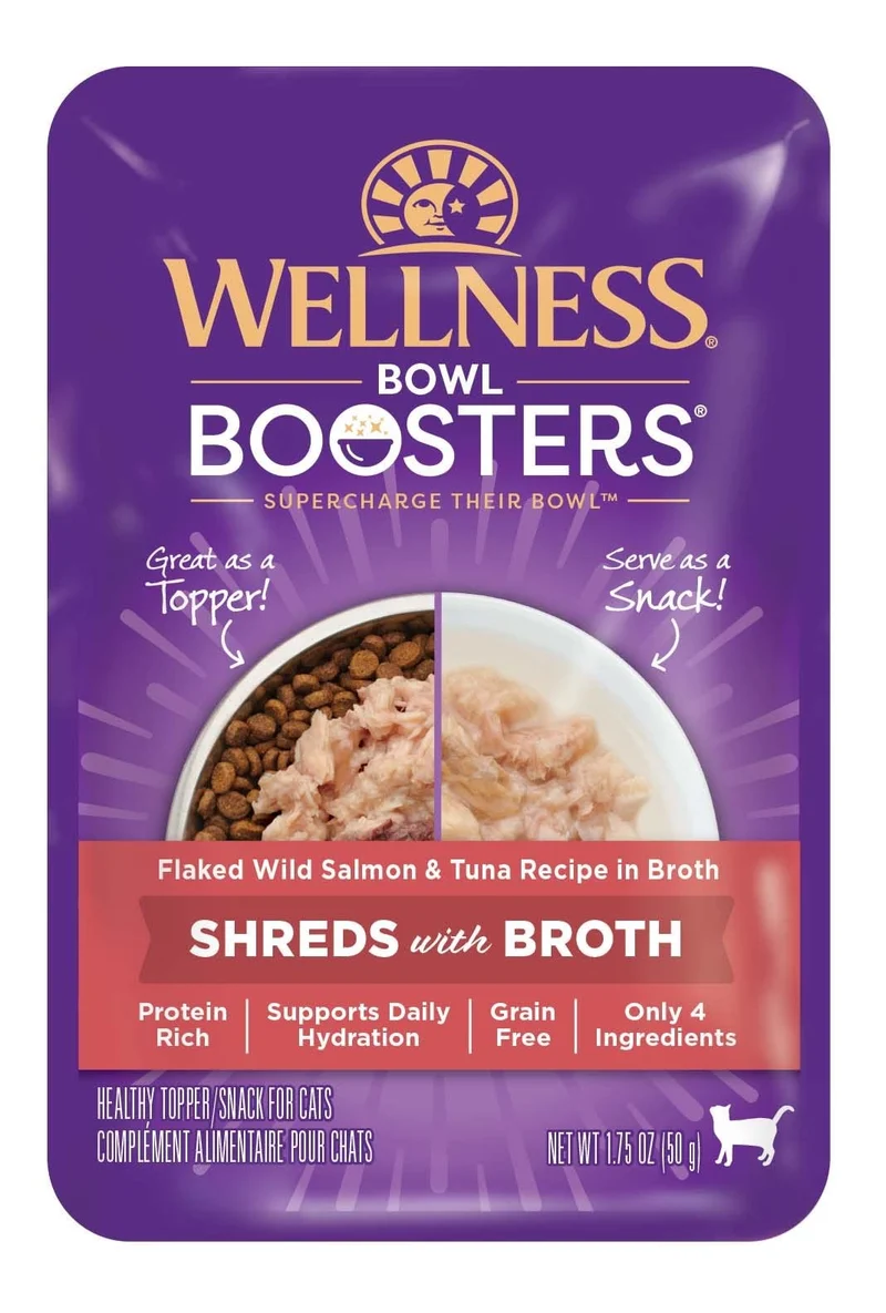 Wellness Bowl Boosters – Toppers Humides Sans Céréales pour Chat (Saumon & Thon en Bouillon), Sachets 1,75 oz – Pack de 12