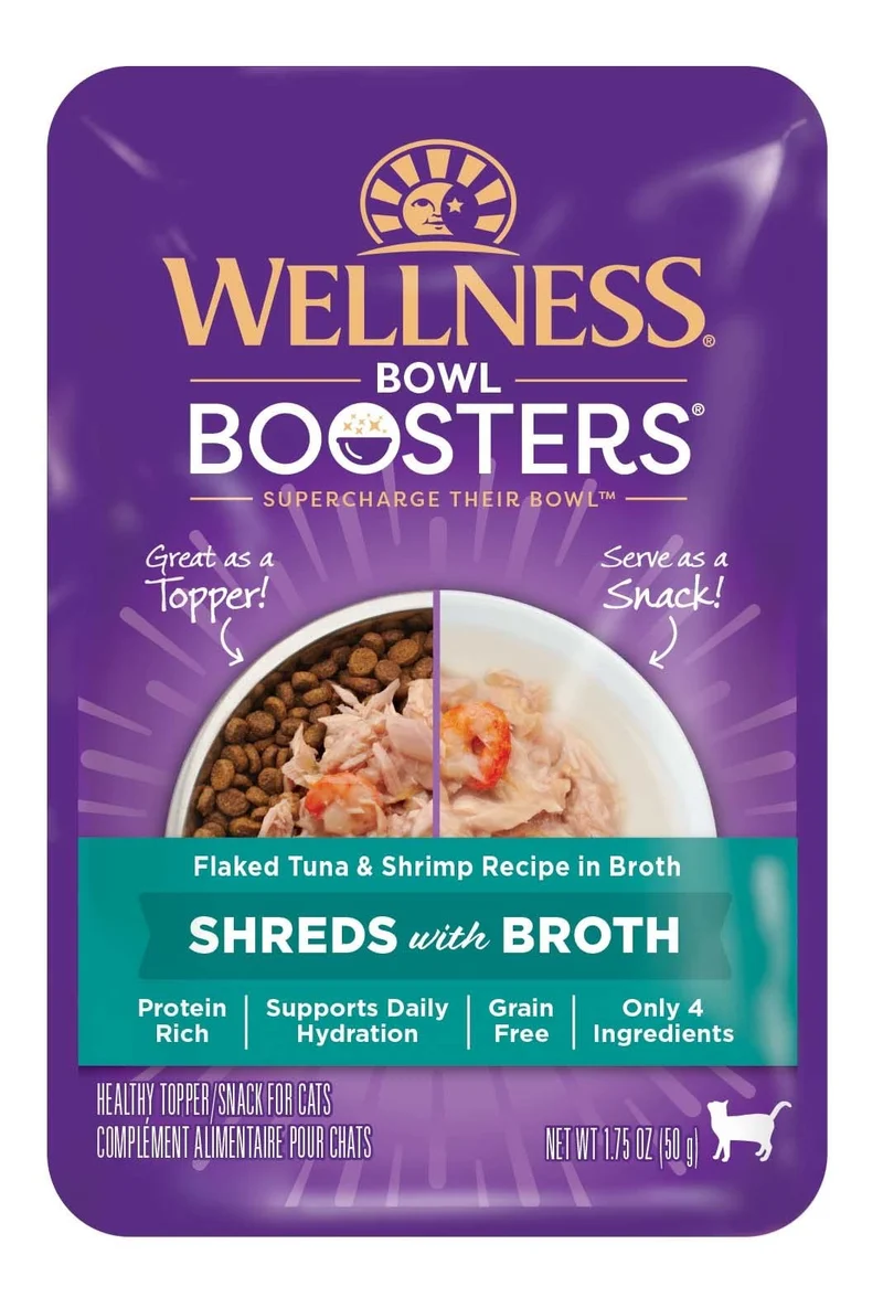 Wellness Bowl Boosters – Toppers Humides pour Chats, Thon et Crevettes en Bouillon, Sans Céréales, Pack de 12 Sachets (1,75 oz)