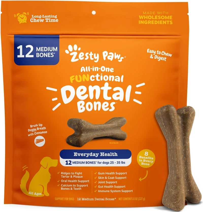 Zesty Paws Dental Bones – Combat le tartre et la plaque – Santé dentaire, gencives et os – Cannelle pour haleine fraîche – Soutien immunitaire, articulaire, intestinal et peau – Omega-3 EPA/DHA et Calcium – Chiens moyens – 12 pièces
