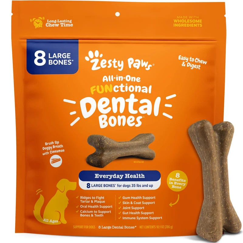 Zesty Paws Os Dentaires – Lutte tartre et plaque, haleine fraîche – Grands chiens – 8 pièces