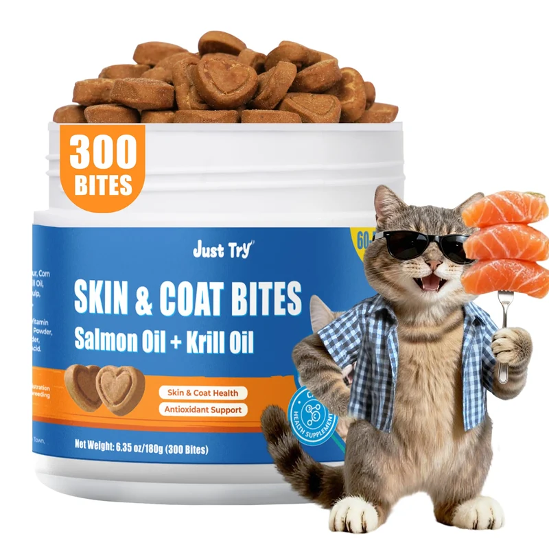Just Try 300 Bites – Vitamines Peau et Pelage pour Chats d’Intérieur | Oméga-3 au Saumon