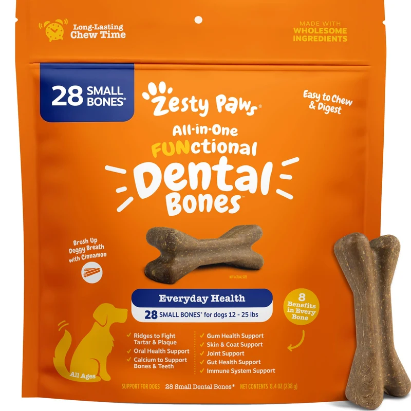 Zesty Paws Os Dentaires – Plaque & Tartre, Haleine Fraîche (Petits Chiens, 28 ct) Cannelle