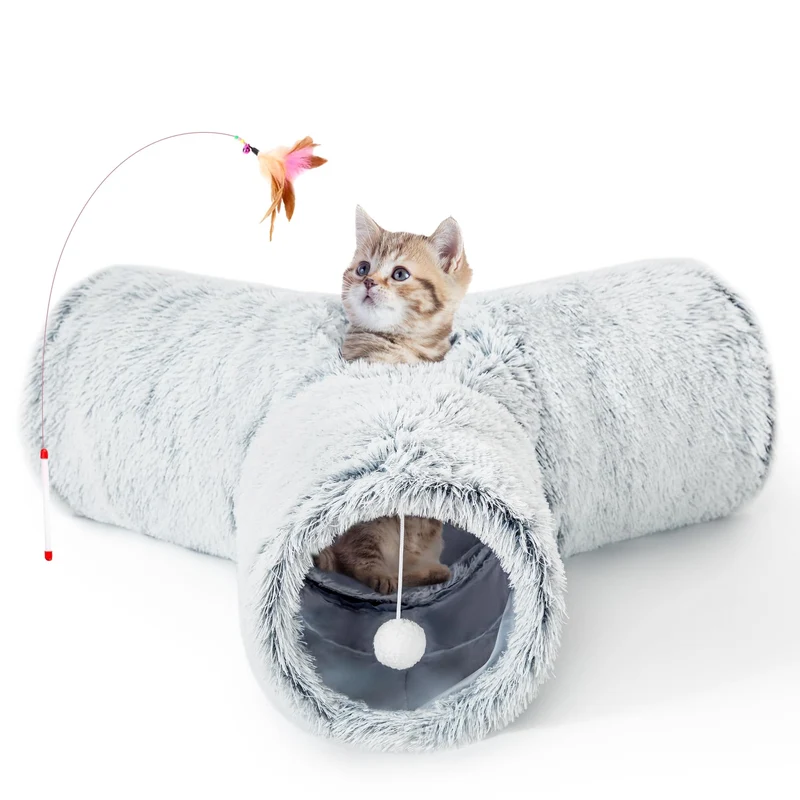 Tempcore Tunnel peluche pour chats d’intérieur – tunnel 3 voies pliable (gris clair)