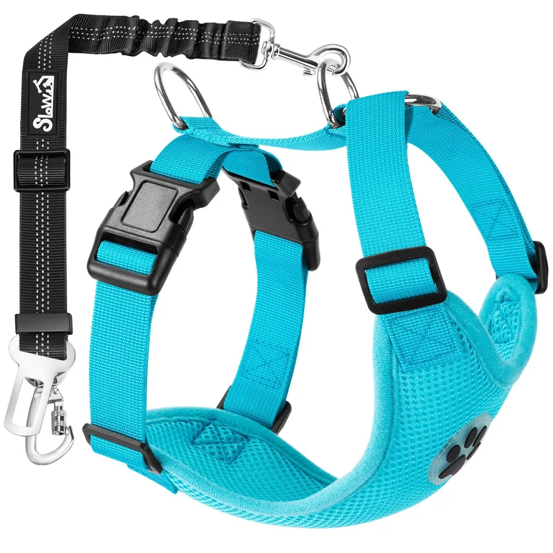 SlowTon Harnais de Siège pour Chien – Réglable, Maille Respirante et Laisse Ceinture avec Bungee (Bleu Clair, Double Clip, Taille M)