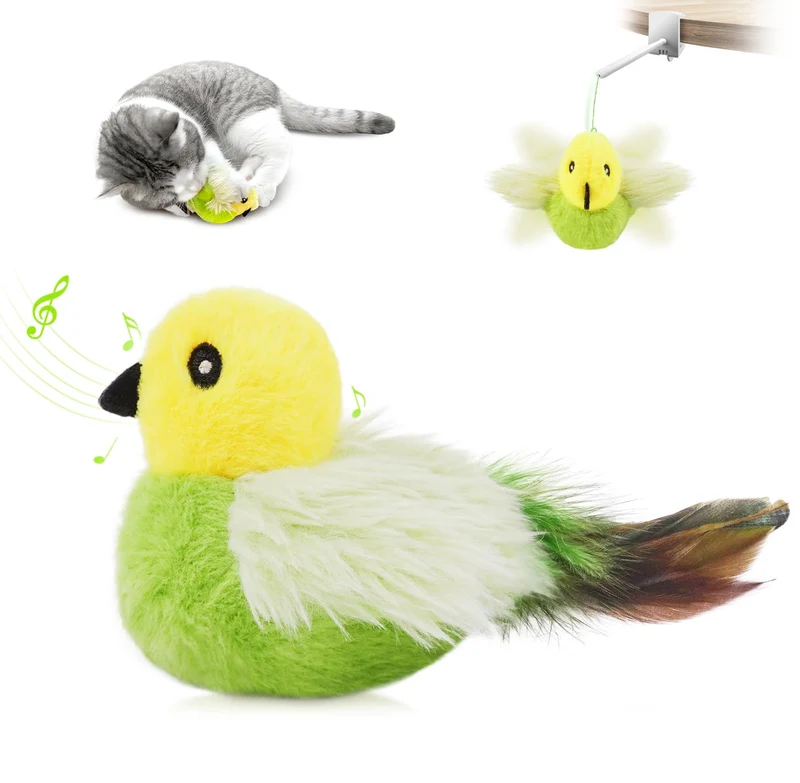 Migipaws Jouet Chat Oiseau Amakihi Volant Interactif – Battement d'ailes et Gazouillis, Rechargeable (Vert)
