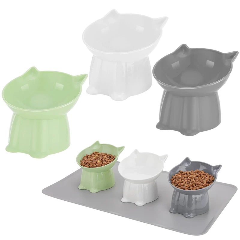 Hoemwarm - Ensemble de 3 Bols Chats Élevés 15° avec Tapis Silicone | Vert Gris Blanc