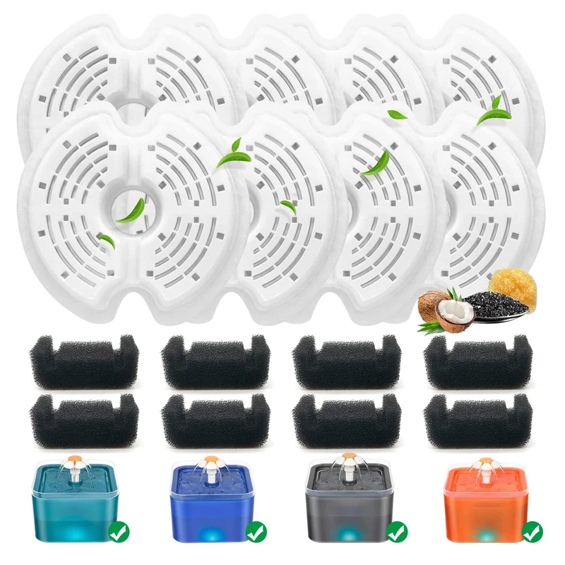 Katlikatqi – Lot de 8 filtres pour fontaine chat 2L + 8 éponges