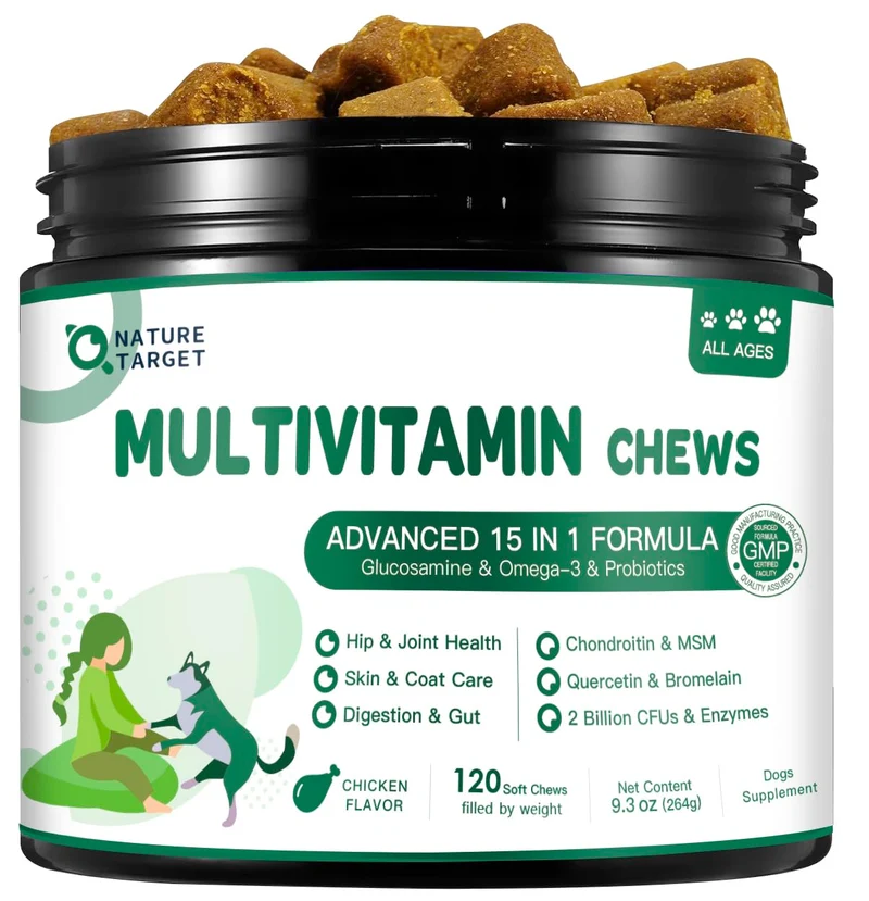 Nature Target – Multivitamine pour Chiens avec MSM et Glucosamine, Oméga 3 & 6, Probiotiques (120 Gommes)