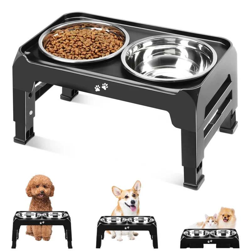 COMESOON Bol surleve pour chiens – 3 hauteurs, 2 bols inox 6 pouces, anti-glissant, noir