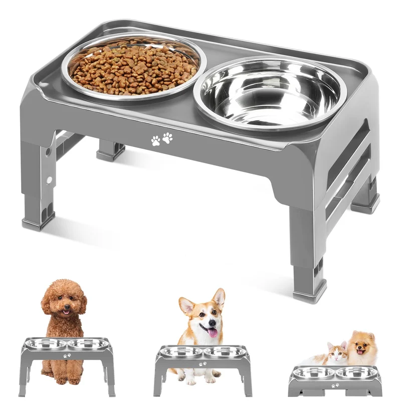 COMESOON Bols Élevés pour Chiens – Hauteur Réglable en 3 Niveaux, 2 Bols Inox 6 Pouces, Anti-Dérapants, Gris