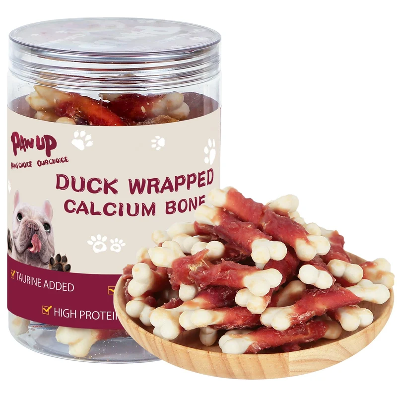 PAWUP Os enveloppés au canard – Os digestibles à cœur moelleux, sans cuir cru, friandises pour petits chiens (355 g)