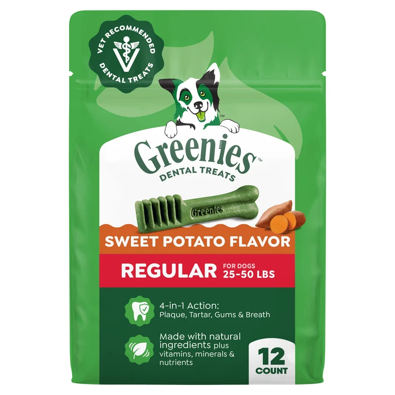Greenies friandises dentaires naturelles pour chiens – patate douce, taille régulière, pack 12 onces
