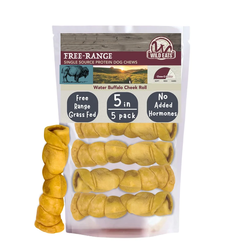 Wild Eats Rouleaux de Joues de Buffle d’Eau – Lot 5, Os à Mâcher Durables pour Grands Chiens