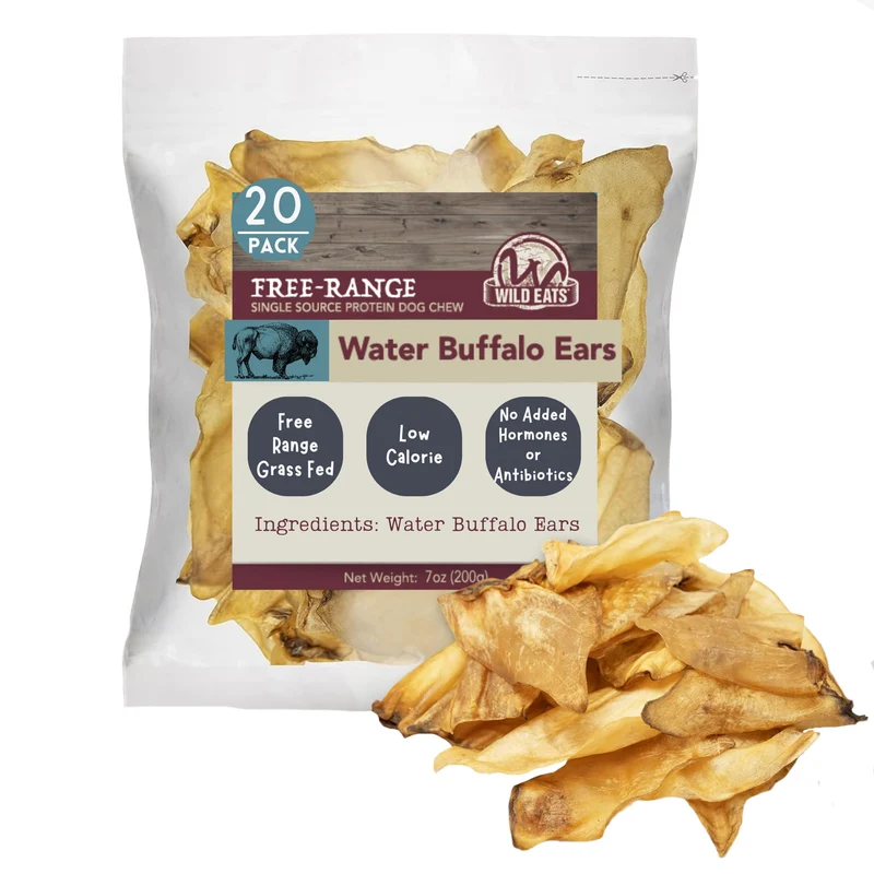 Wild Eats Oreilles de buffle d eau pour chien - friandise naturelle 1 ingrédient sans céréales, lot de 20