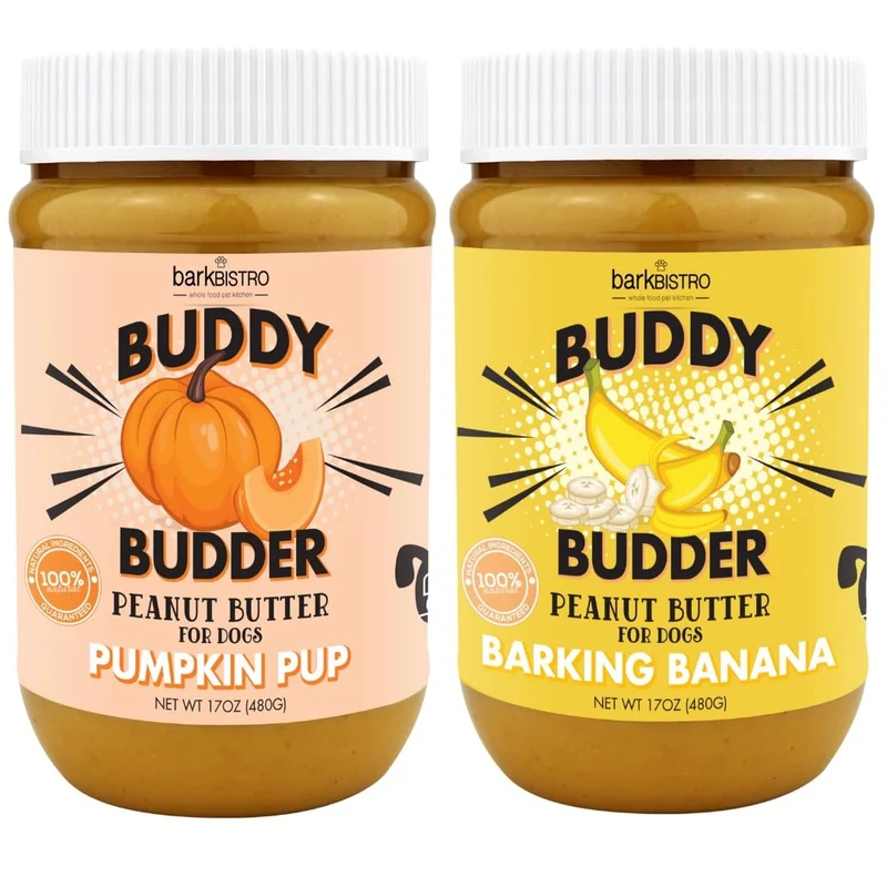 BUDDY BUDDER Barkin Banana + Pumpkin Pup – Beurre d'arachide pour chien 100% naturel, fabriqué aux États‑Unis (set de 2 | 17oz chacun)