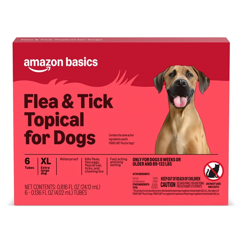 Amazon Basics Traitement Topique Puces et Tiques pour Chien Extra-Large (89-132 lb) – Action Rapide, Longue Durée – 6 Doses