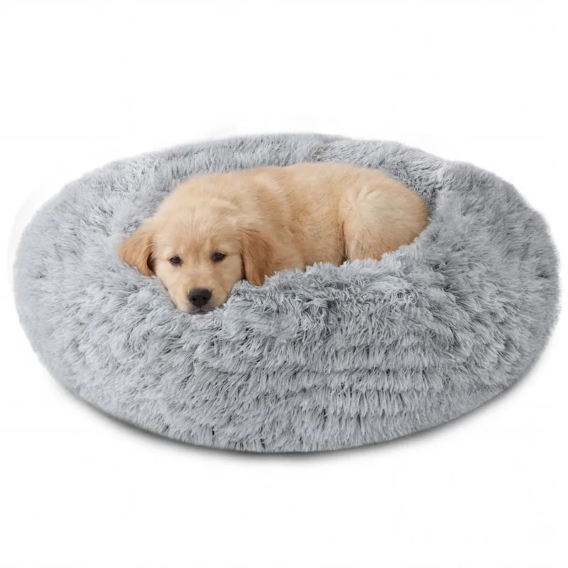JOLLYVOGUE lit en forme de beignet pour chien moyen – lit rond apaisant en fausse fourrure gris fumé, 27 pouces