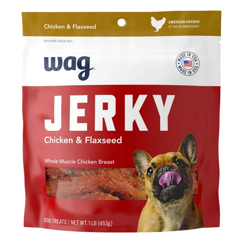 WAG – Friandises Chewy Whole Muscle Jerky: Poulet & Graines de Lin (1 lb) – Sans Céréales, Fabriqué aux États‑Unis