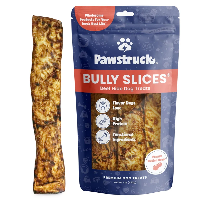 Pawstruck Bully Slices – Rawhide Premium au Beurre de Cacahuète pour Chiens — Faible en Graisse, Protéines Élevées — Longue Mastication — 1 lb — Emballage Variable