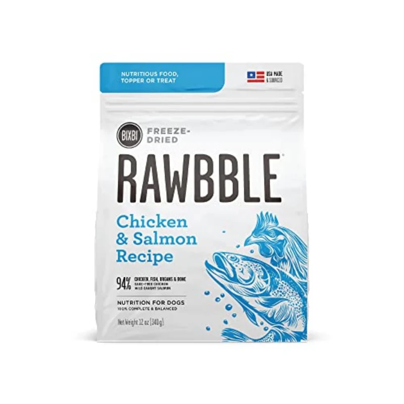 BIXBI Liberty – Toppers lyophilisés pour chien (Poulet & Saumon) – 94% Viande et Organes, Sans Réfrigération – Fabriqué aux États‑Unis, 340 g