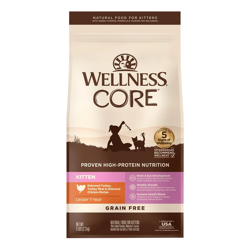 Wellness CORE Chaton – Croquettes sèches sans céréales au dindes et poulet, sac 5 lb