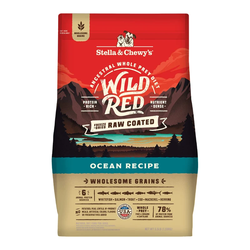 Stella & Chewy's Wild Red Ocean Recipe – Croquettes sèches enrobées, haute protéine, céréales complètes, 1,6 kg