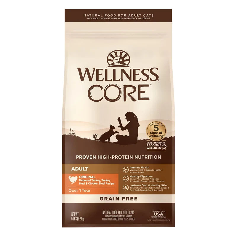 Wellness CORE Croquettes pour Chat Adulte – Sans Céréales, Dinde et Poulet, 2,27 kg (5 lb)