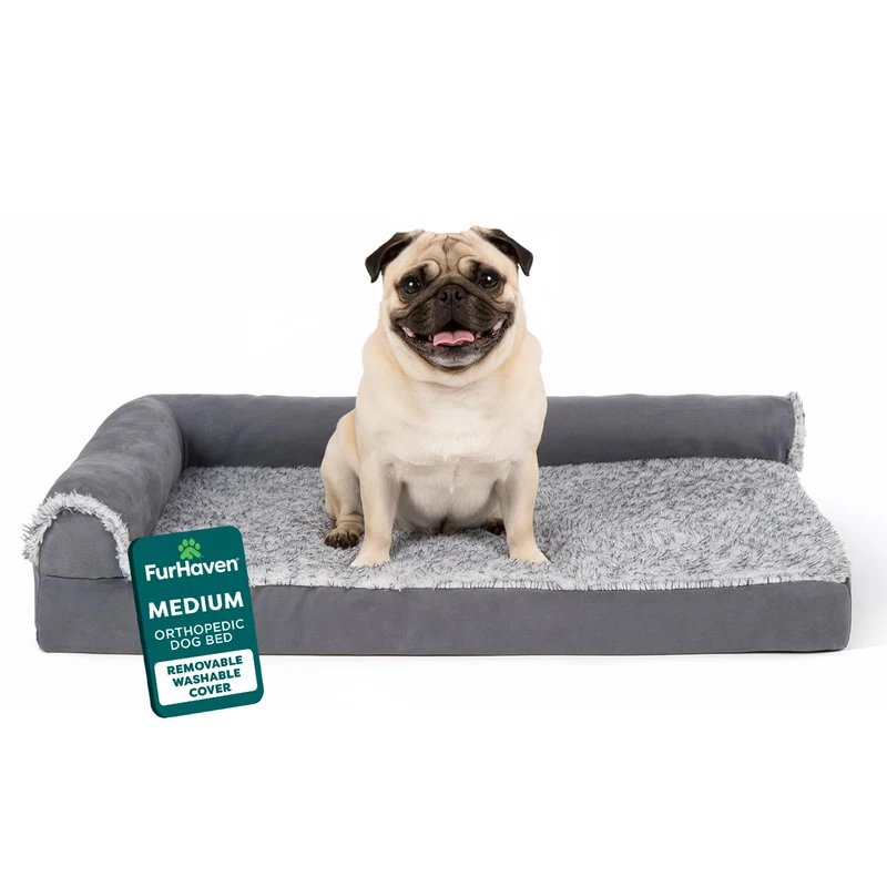 FurHaven Lit Chaise Orthopédique pour Chiens Moyens — Soutien des Articulations et Surface en Fourrure Synthétique