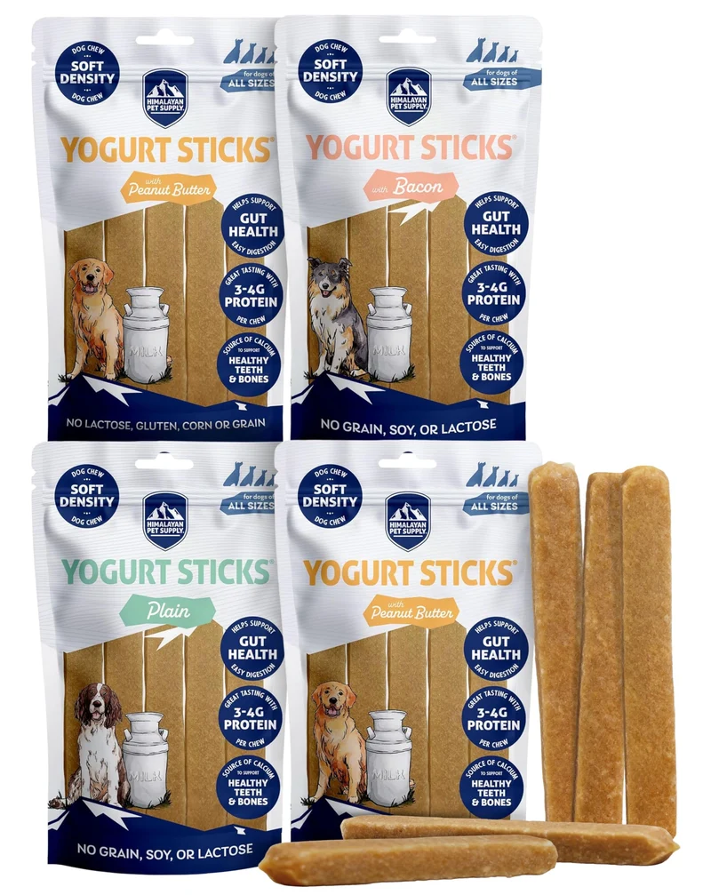 Himalayan Dog Chew Yogurt Sticks – Saveurs Mixtes, Prébiotiques & Probiotiques, Sans Lactose et Gluten, Fabriqué aux États‑Unis, 4 Paquets