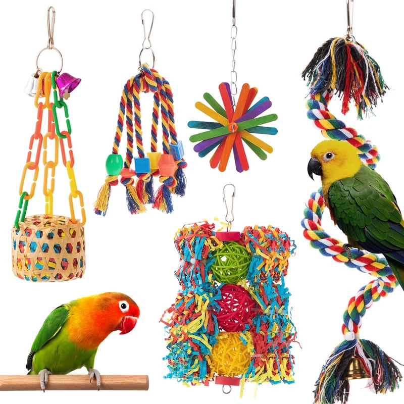 AFUOWER – Lot de 5 Jouets pour Oiseaux (Perruche, Conure, Perroquet) – Grignotage, Jeux et Perchoir
