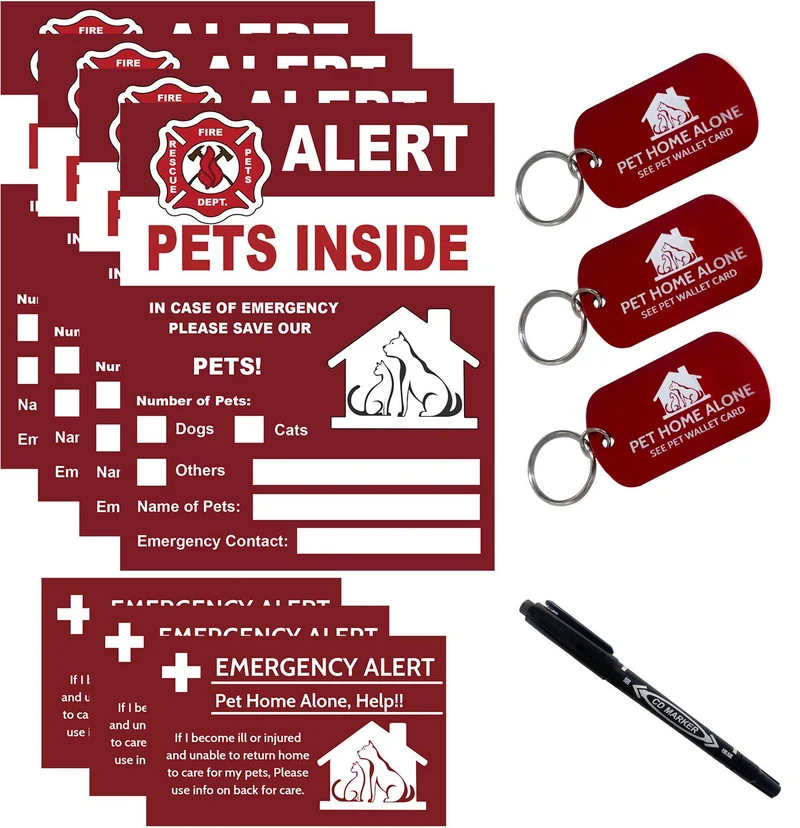 Periflowin - Sticker d’Alerte pour Animaux à l’Intérieur – Lot de 4 avec Carte-Portefeuille et Pendentif Clé