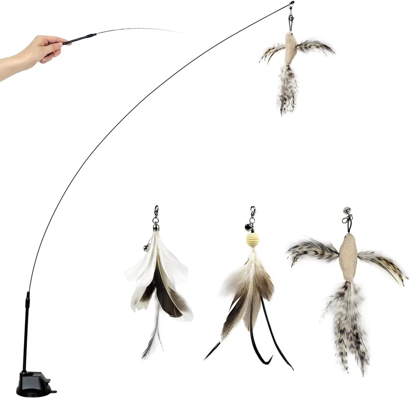 TTcat Bâton de Chat avec Ventouse – Jouet Chat Interactif avec Fil Métallique Flexible et 3 Récharges de Plumes