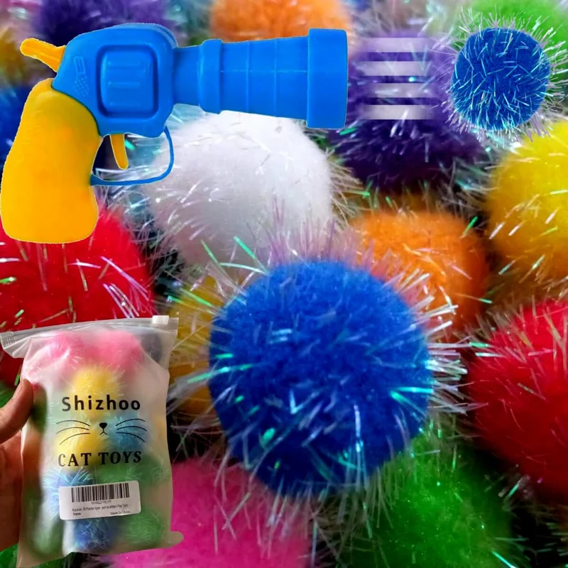 Shizhoo 30 Boules Pom-Pom Scintillantes avec Lanceur – Jouet Chat Interactif Multicolore 1,2 po
