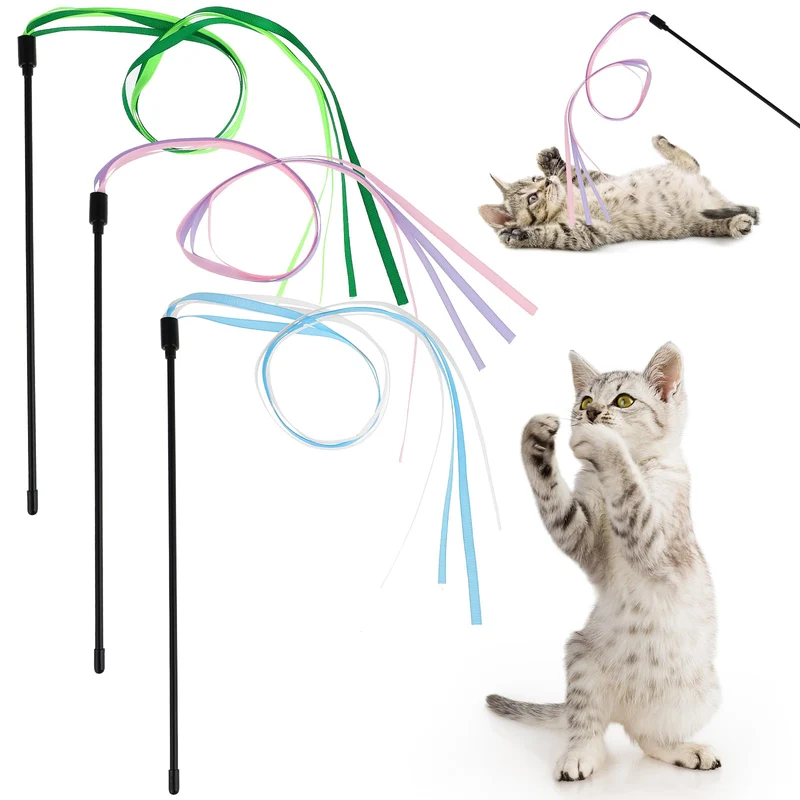 Amaxiu Cat Ribbon Wand Toys — Ensemble de 3 jouets ruban arc‑en‑ciel pour chats