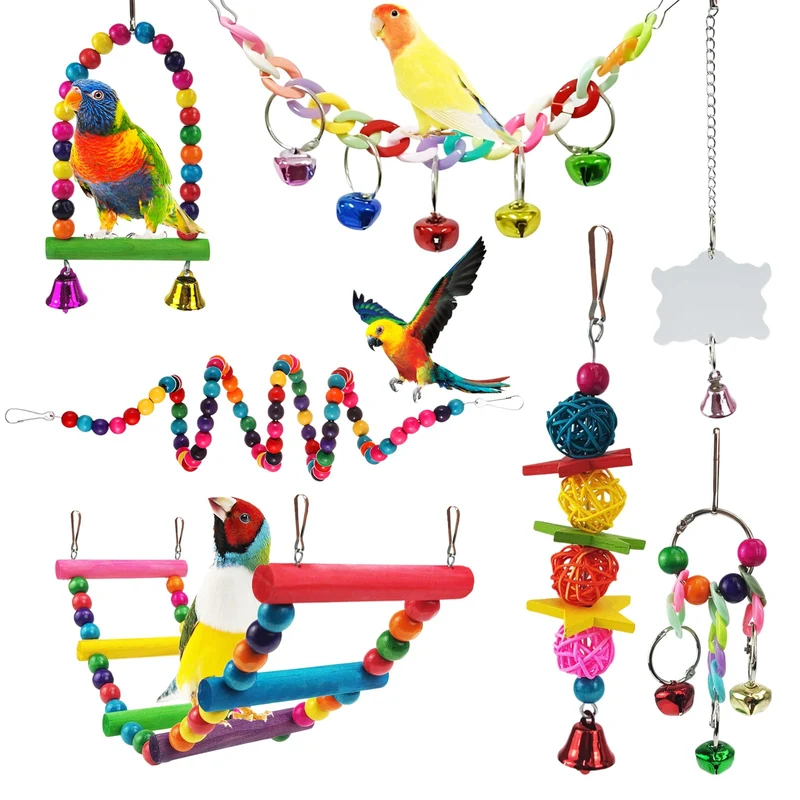 Xloey - Jouets pour Perruches (7 pièces) : hamac, échelle rotative, cloches suspendues, balançoires et miroir