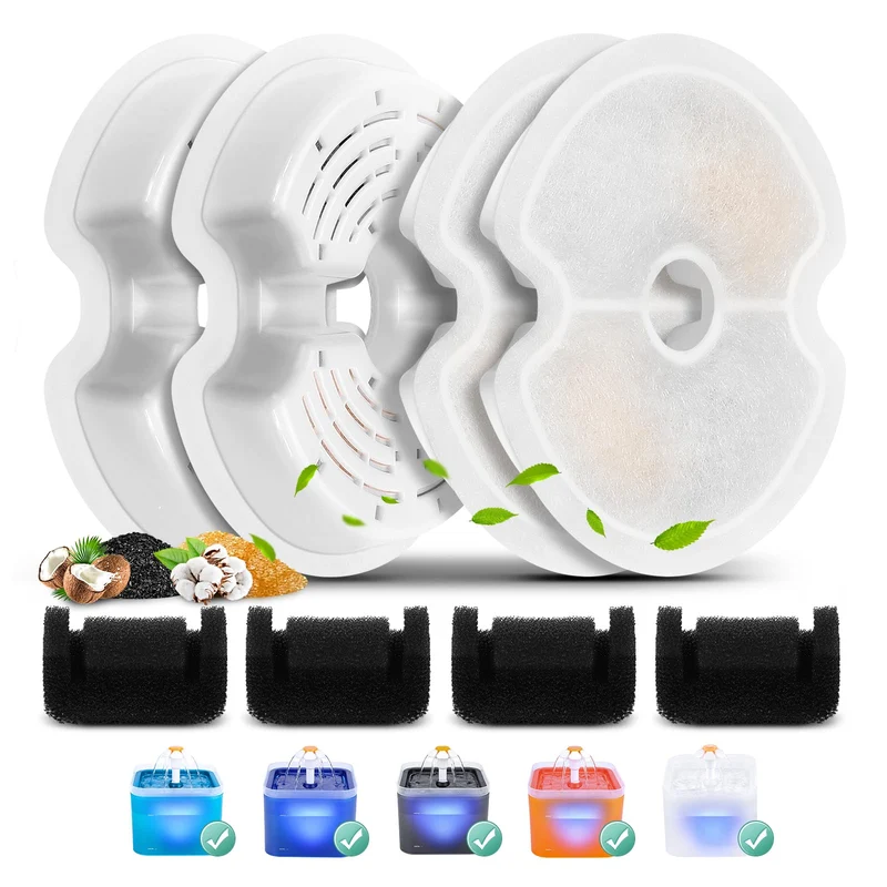 BFLICROY 4 Pack Filtres et Éponges pour Fontaine Chat 2L DEL – Filtration Quadruple