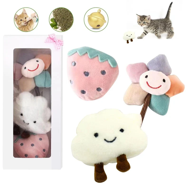 CKFPS Kitten Chew Toys – 3 pièces peluche résistants pour dentition (Fraise, Nuage clochette, Tige Tournesol)