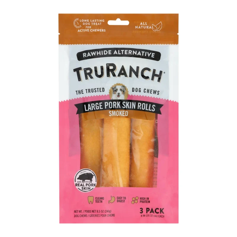 TRURANCH Rouleaux de peau de porc fumée – Friandises collagène pour chiens, alternative au cuir brut, digestion facilitée