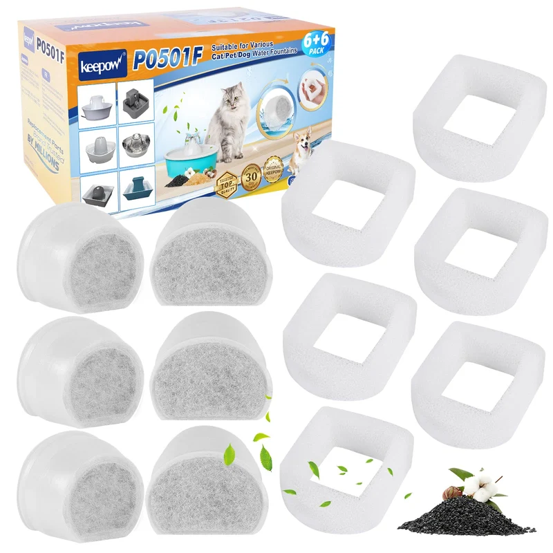 KEEPOW Filtres pour Fontaine Chat – Pack 12 (Mousse et Charbon) pour fontaines Drinkwell de grande capacité