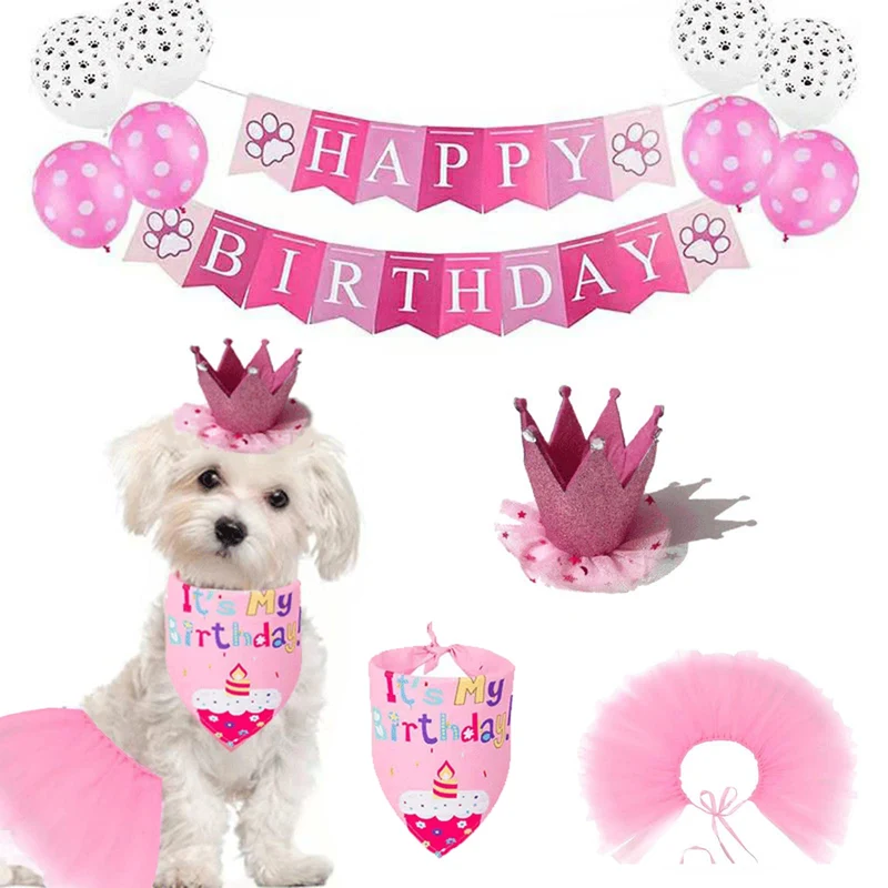 Petank Décorations d'Anniversaire pour Chien – Chapeau, Jupe tutu rose, Bannière et Accessoires