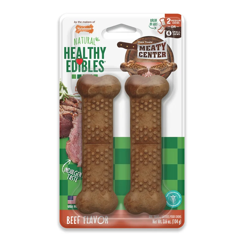 Nylabone Healthy Edibles – Friandises naturelles pour chien moyen, cœur viande, goût boeuf (2 pièces)