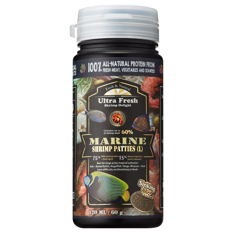 Ultra Fresh Nourriture Poissons Marins – 75% Crevettes Épées + Calmars, Couleur Naturelle, Croissance Saine, Format L 60 g