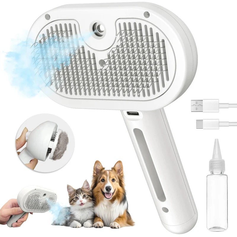 Pecait Brosse Vapeur pour Chats — 3 en 1, Auto-nettoyage, Poils Longs et Courts, Charge Type-C (Blanc)