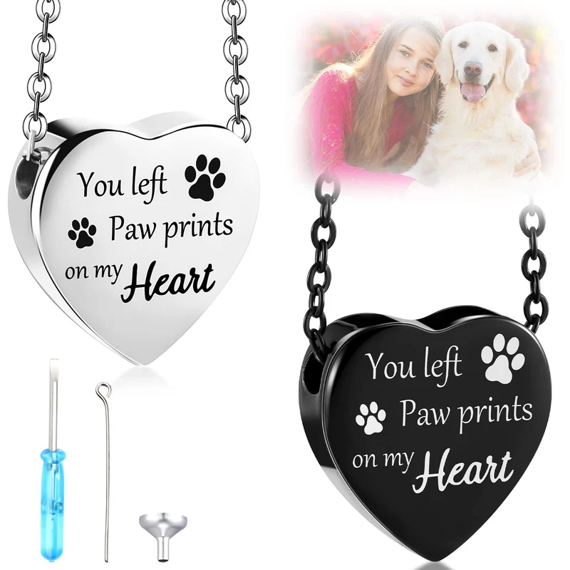 Yinkin — 2 pièces Pendentif Urne pour Cendres d’Animaux, Patte et Cœur, Acier Inoxydable, Argent et Noir, Kit Remplissage