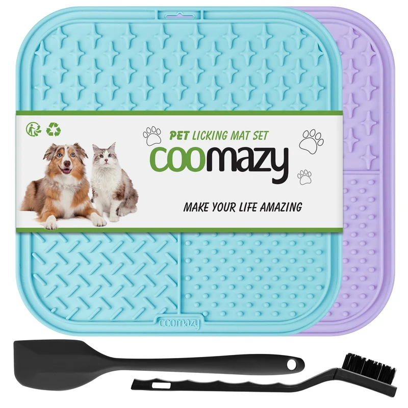 Coomazy Tapis de léchage pour chien et chat – distribution lente, anti-dérapant, non toxique (bleu et violet)