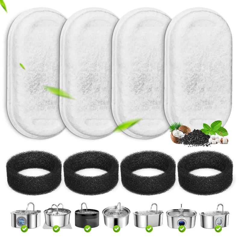 EZMioo – 4 Filtres de Remplacement & Éponges Pré-Filtration pour Fontaine Chat en Acier Inoxydable (3,2 L / 108 oz et 2 L / 67 oz)