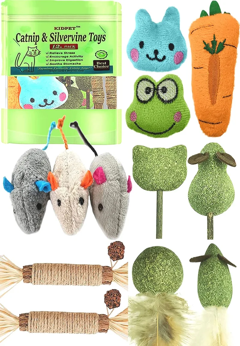 Kidpet - Lot de 12 Jouets en Cataire et Vigne Argentée pour Chats - Vert