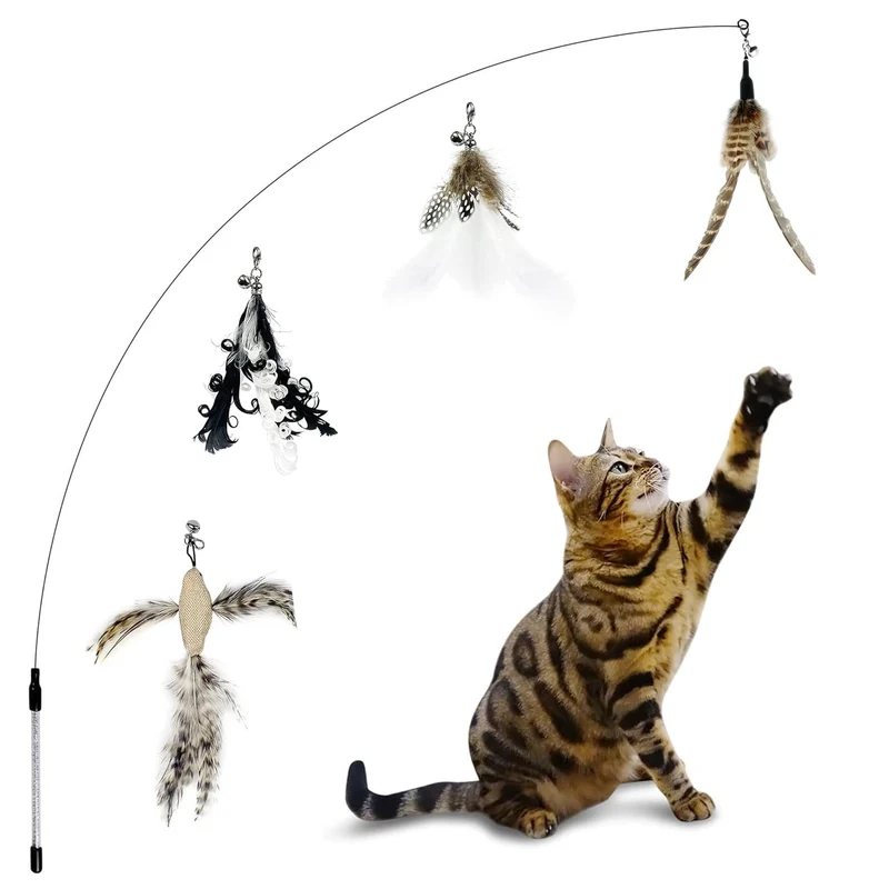 TTcat Jouet Bâton pour Chat — Canne Flexible 35'' et 4 Plumes pour Jeux Intérieurs