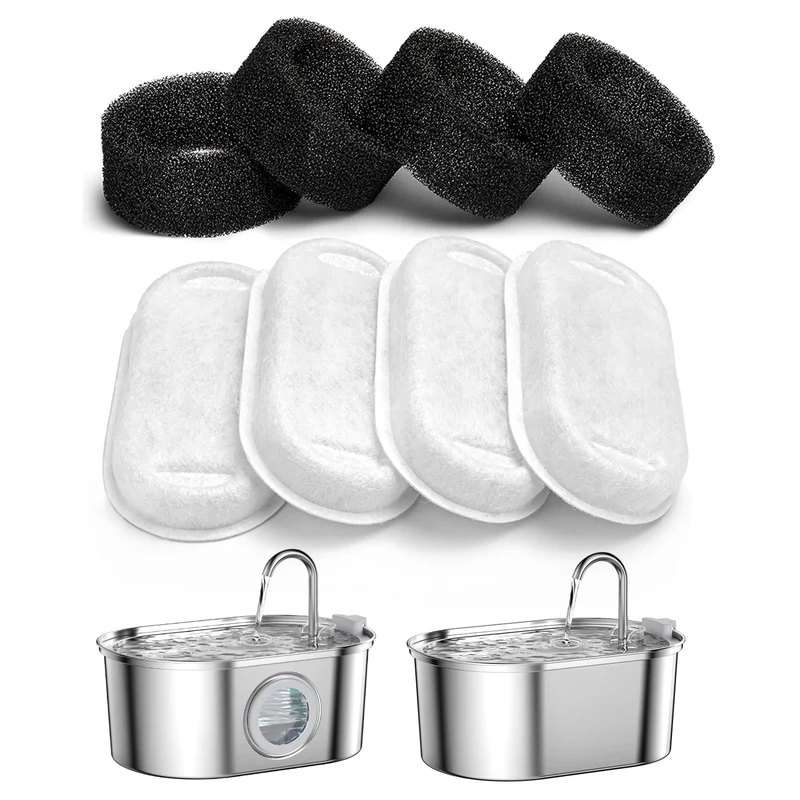 SOOFPET Filtres Fontaine Chat en Acier Inox – Pack de 8 filtres (Charbon + Éponge) pour Fontaine 108 oz