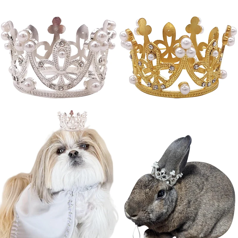 PET SHOW 2 Couronnes pour Petits Chiens et Autres Animaux — Or et Argent, Strass et Perles Synthétiques